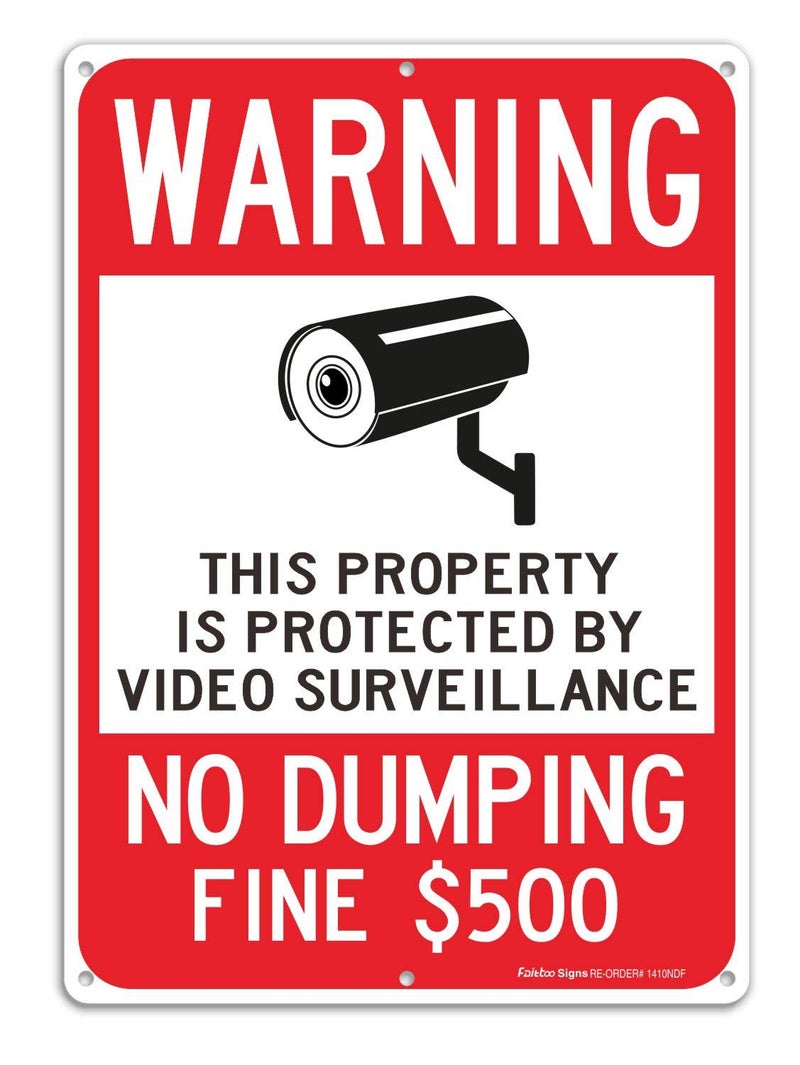 Faittoo Warning No Dumping Fine $500 Sign, This Property Is Protected By Video Surveillance Sign, 14 x 10 Inches .040 Rust-Free Aluminum, UV Protected, Weather Resistant, Durable Ink, Easy to Mount - Image 1